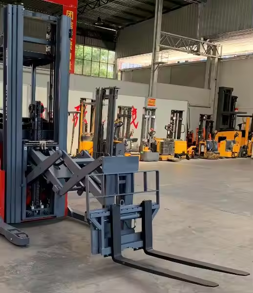 Everlift 2 Ton 6 M Double Scissor Reach Truck Electric Stacker Forklift Seated With Narrow Aisle China Forklift